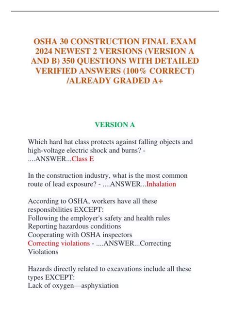 OSHA 30 CONSTRUCTION FINAL EXAM 2024 NEWEST 2 VERSIONS (VERSION A AND B