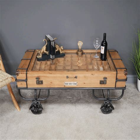 Industrial Trunk Style Coffee Table On Wheels Fir Wood Coffee Table