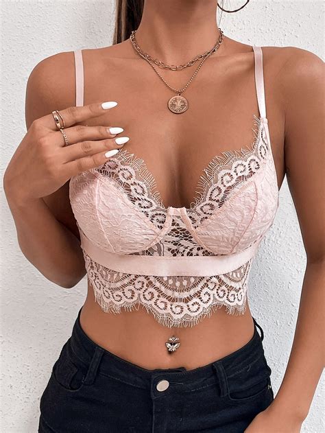 Contrast Mesh Bustier Crop Eyelash Lace Cami Top