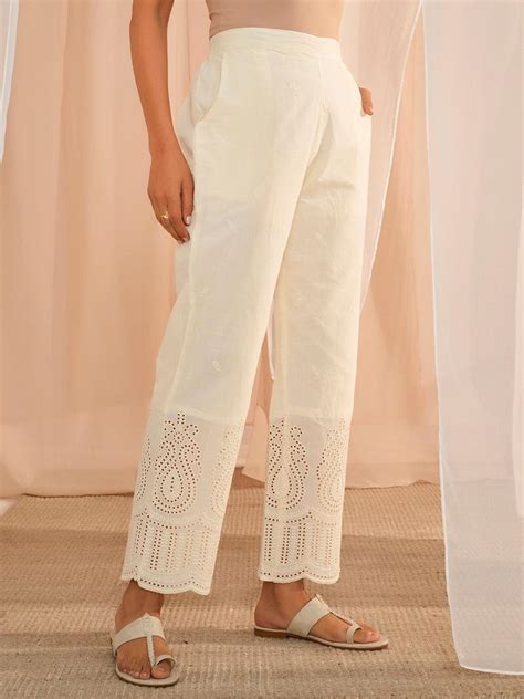 Buy Off White Embroidered Cotton Straight Fit Palazzos Online At Rs 859