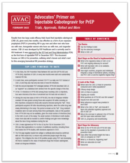 Advocates’ Primer on Injectable Cabotegravir for PrEP - PrEPWatch