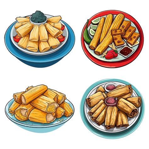 Un Dibujo De Un Plato De Tamales Y Otros Platillos Vector Premium