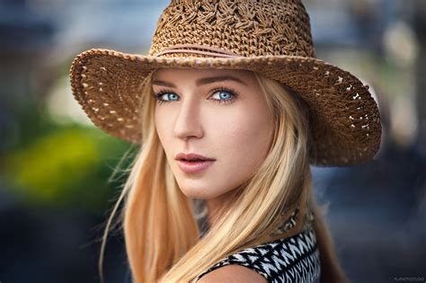 Women Blonde Blue Eyes Hat Face Portrait Depth Of Field Lods Franck Eva