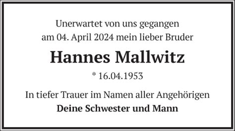 Traueranzeigen von Hannes Mallwitz Märkische Onlinezeitung Trauerportal