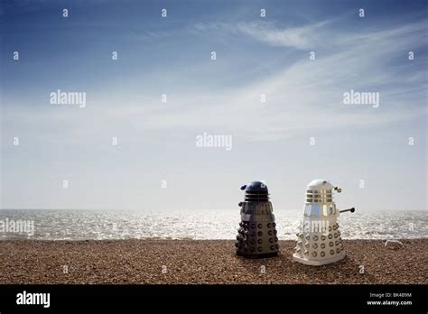 Black and White Daleks taking their Dog for a walk on the Beach Stock ...