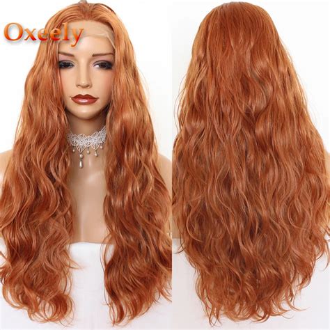 Oxeely Orange Color Long Loose Wavy Wig Synthetic Lace Front Wigs