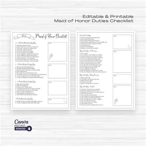 Editable Maid Of Honor Checklist Printable Maid Of Honor Duties