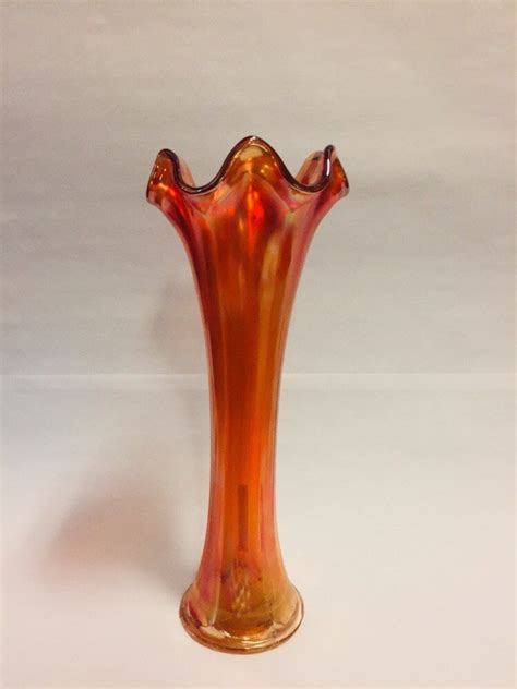 Marigold Carnival Glass Vase With Ruffled Edge 9 Tall Etsy