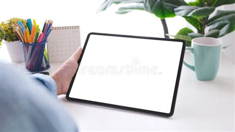 Close Up Of Man Hand Holding Digital Tablet With Blak Screen On Working