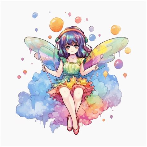 Premium Photo | Anime girl with colorful dress sitting on cloud with ...