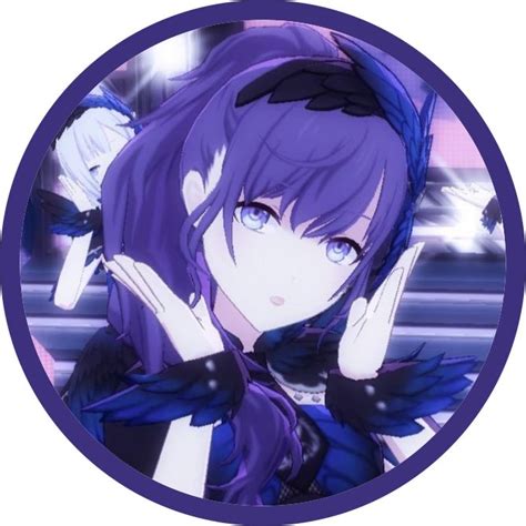 An Anime Character With Purple Hair And Blue Eyes Holding Her Hands Up