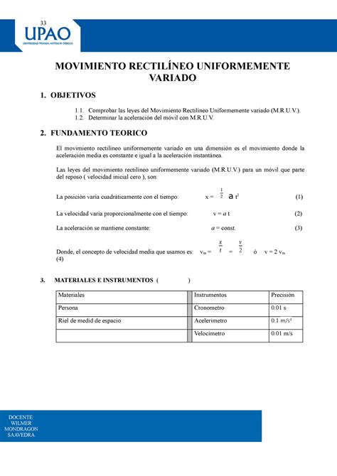 Informe MRUV MRUV MOVIMIENTO RECTILÍNEO UNIFORMEMENTE VARIADO 1