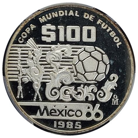 1985 MEXICO Mo 100 PESOS COPA MUNDIAL DE FUTBOL 1986 SILVER COIN PCGS