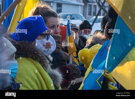 Toronto On Canada February 25 2022 Protestors With Banners And