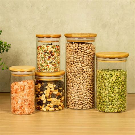 Potes Herméticos Tampa Bambu - Kit Conjunto de Potes Herméticos De Vidro Com Tampa de Bambu | Shopee ...