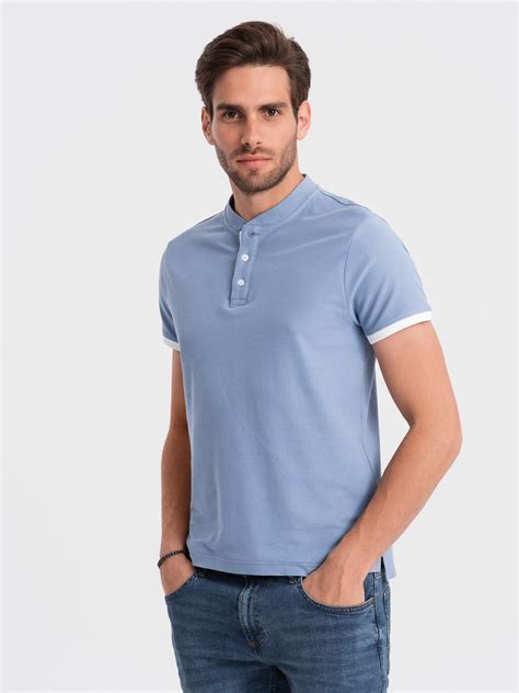 Men S Collarless Polo Shirt Blue V3 OM TSCT 0156 MODONE Wholesale