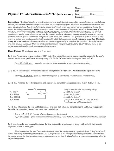 Fillable Online Physics Unc Phys Lab Practicum Sample Answers Fax