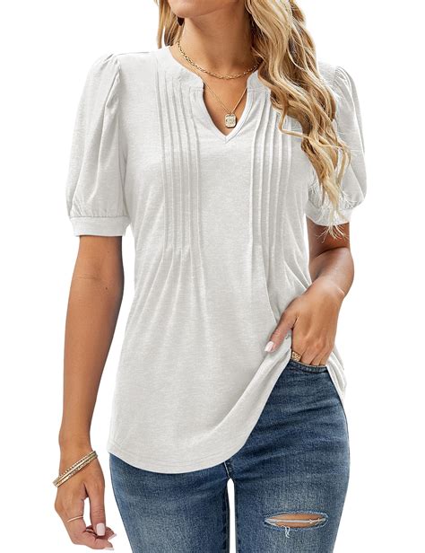 Zhenwei Womens V Neck Puff Short Sleeve Pleated T Shirts Fashion Summer Tops Casual Tunic Blouse