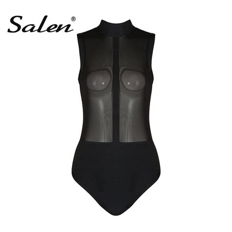 Salen Sexy Skinny Black Solid Bodysuits Summer Bandage Women Romper