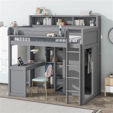 Harper Bright Designs Gray Twin Size Wood Loft Bed With Wardrobe