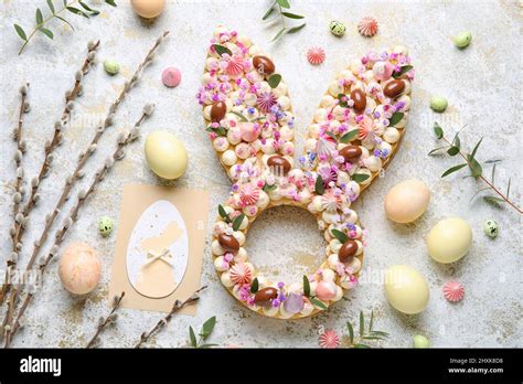 Composition With Beautiful Cake Painted Eggs And Pussy Willow Branches For Easter Celebration