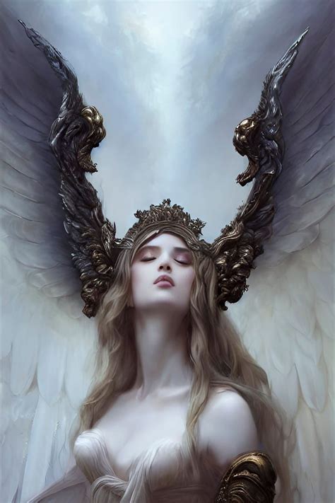 A Woman With Angel Wings And A Crown On Her Head Is Looking Up At The Sky