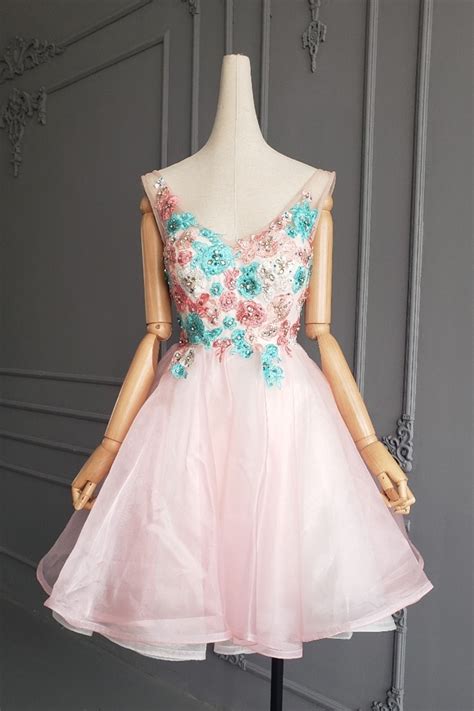 Fairy Tale V Neck Short Mini Ball Gown Pink Organza Beaded Floral