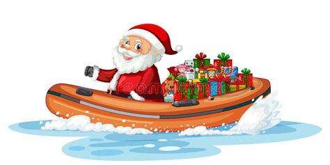 Christmas Santa Claus On Inflatable Boat With His Gifts Stock Vector