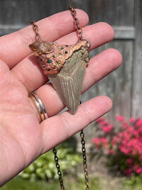 Fossil Megalodon Shark Tooth Pendant Citrine Crystal Copper