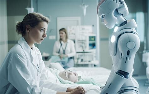 Robot healthcare assistant and a nurse looking at each other and caring ...