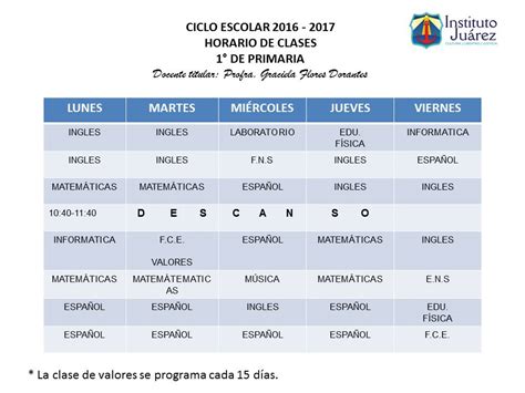 Instituto Juárez 1° Primaria Horario De Clases 1ro