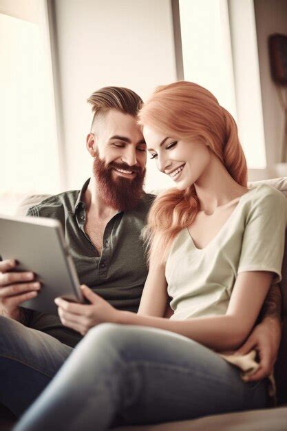 Foto De Um Jovem Casal Feliz Sentado No Sof E Usando Um Tablet Digital