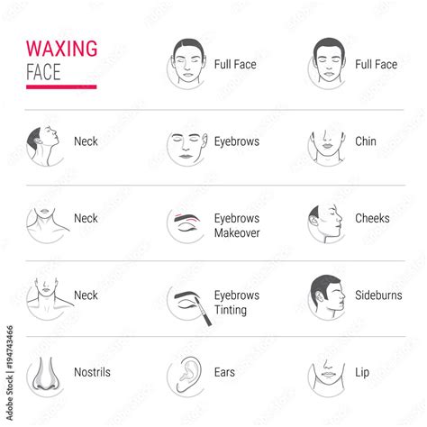 waxing face icons. waxing face. Area hair removal icons, marked ...