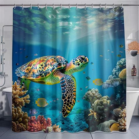 Vibrant Sea Turtle Coral Reef Shower Curtain Underwater Scene Design