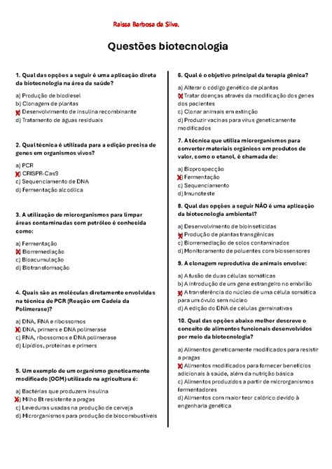 Biotecnologia Questões - Questões de Biotecnologia 1 - Saúde e Aplicações (BIO101) - Studocu