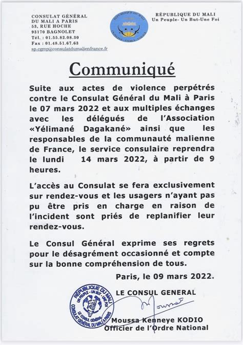 Communiqué du Consulat du Mali à Paris