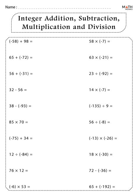 Multiplication Addition Subtraction And Division Worksheets