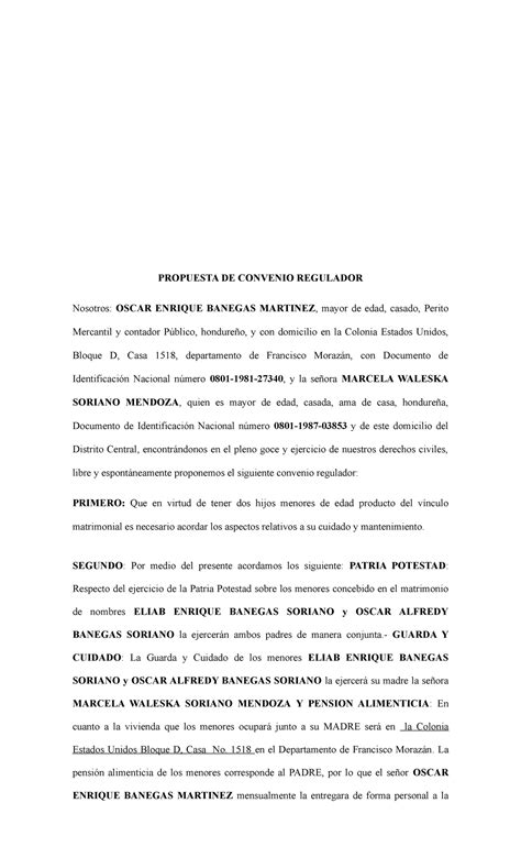 Convenio Regulador Divorcio Mutuo Propuesta De Convenio Regulador Nosotros Oscar Enrique