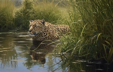 Premium AI Image | A leopard in a pond with a fish in it