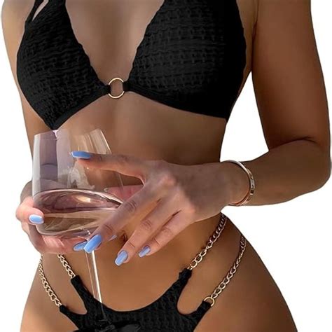 Micro Triangle Bikini Set Cut Out Black Chain Gem