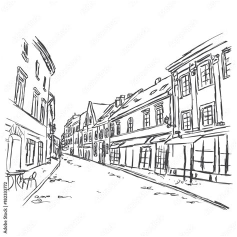 Old city street in hand drawn line sketch style. Old city landscape ...