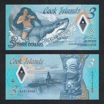 2021 COOK ISLANDS 3 DOLLARS POLYMER P 11 UNC INA SHARK LEGEND CANOE