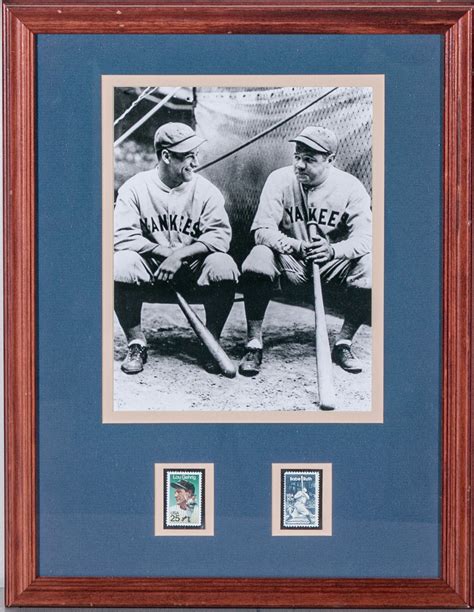 Framed Photograph With Stamps Of New York Yankees Babe Ruth Lou