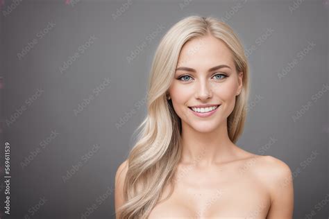 Beautiful Woman Blonde Beauty Close Up Portrait On Gray Background