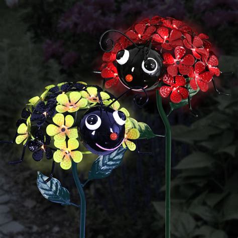 Solar Bumble Bee And Lady Bug W Flowers LEDs Garden Stake