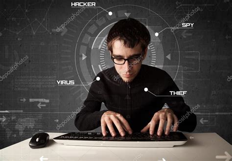 Young Hacker In Futuristic Enviroment Hacking Personal Informati Stock