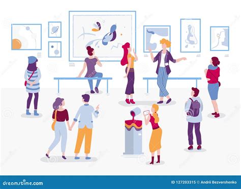 Art Gallery With Visitors Looking At Paintings Vector Flat Illustration