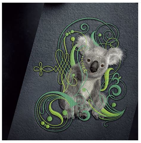 A Koala Bear With Green Swirls On It S Face Is Embroidered Onto A Piece