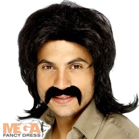 Black 70s Retro Mens Wig Mega Fancy Dress Uk