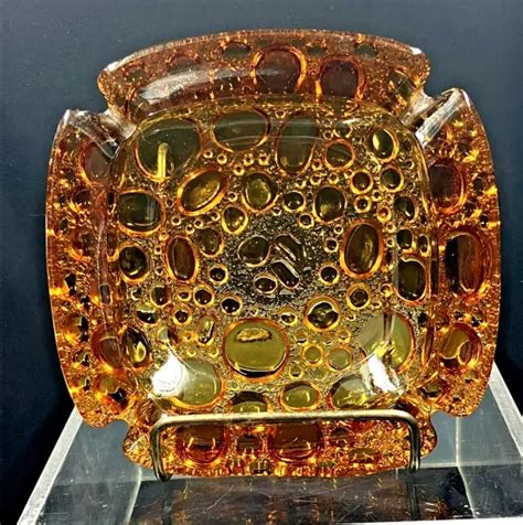 VINTAGE BLENKO AMBER Glass Bubble Textured MCM 6 Inch Squared Ashtray